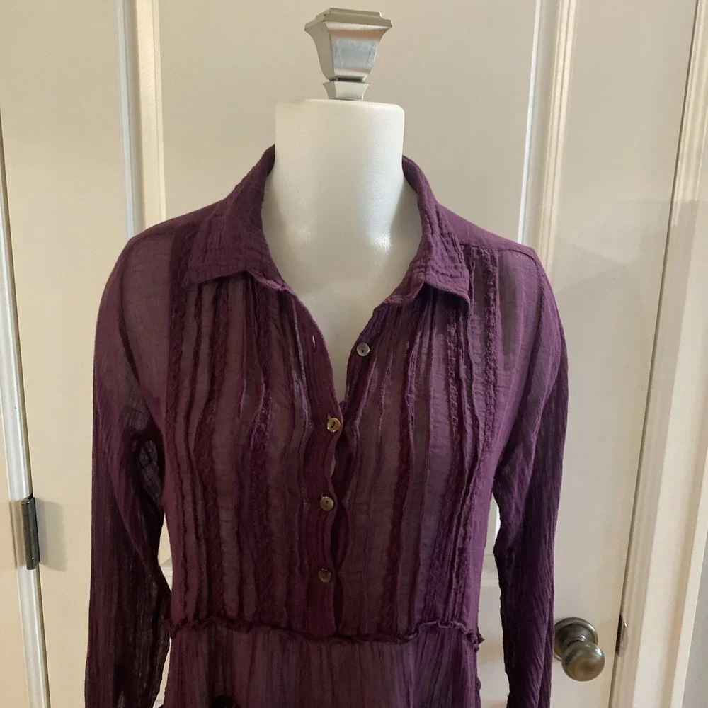 FREE PEOPLE Purple Guaze Tiered Long Sleeve Mini Dress Button Size Small‎
